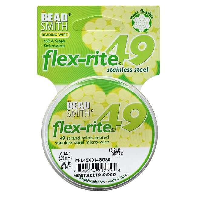 Beading wire Flex-Rite, 49 strand, 0.014 -inch diameter, 30 ft, Gold
