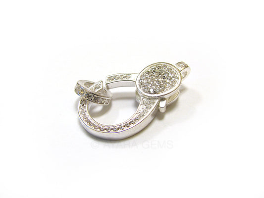 Clasp, lobster claw, silver, Micro Pave CZ, 25x13mm