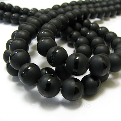 Matte Black Onyx with Polished Stripe 12mm Round Bead Strand